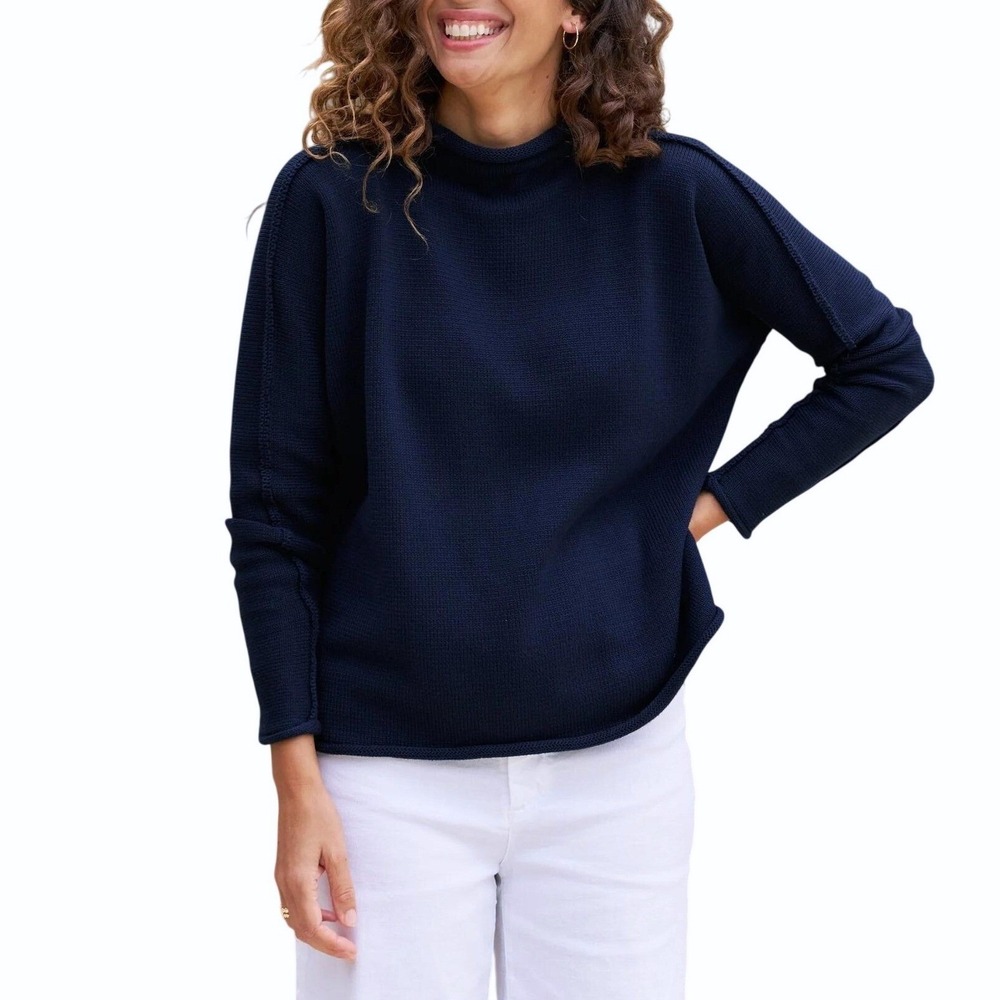 Frank & Eileen Monterey Navy Rolled Funnel Neck Sweater XL Italian Cotton